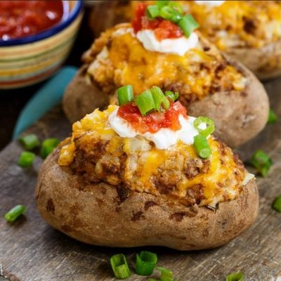 Double Baked Stuffed Potato with Ground Beef and Bacon