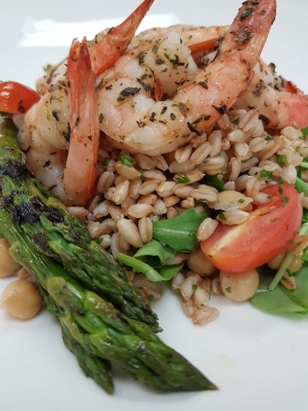 Farro Salad with Shrimp and Grilled Asparagus