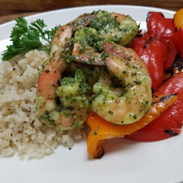 Grilled Pesto Shrimp served over Cauliflower Rice and Grilled Peppers