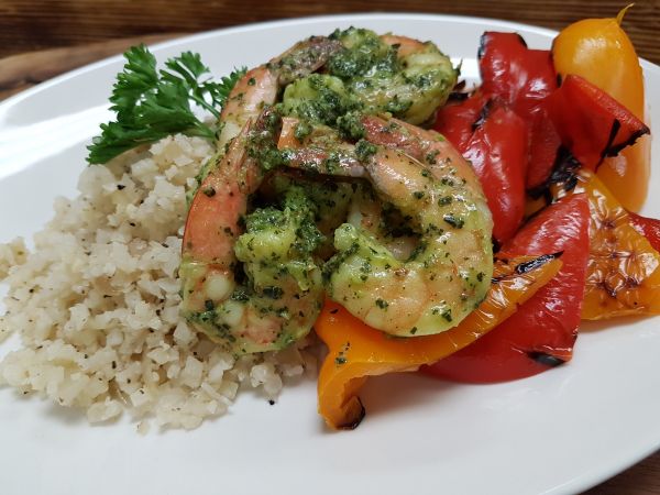 Grilled Pesto Shrimp served over Cauliflower Rice and Grilled Peppers