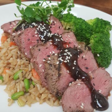 Hoisin Top Sirloin Steak served with Rose’s “Fried” Rice and Stir Fried Edamame