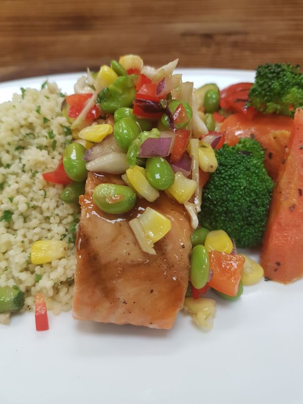 Grilled Salmon with Maple Glaze served with Edamame Salad and Herbed Couscous
